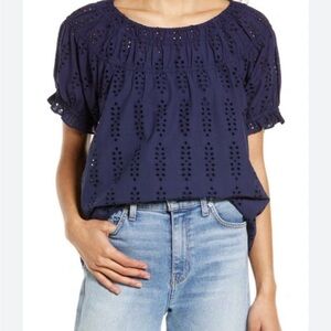 Women’s cotton top navy short sleeve eyelet size large summer travel vaca